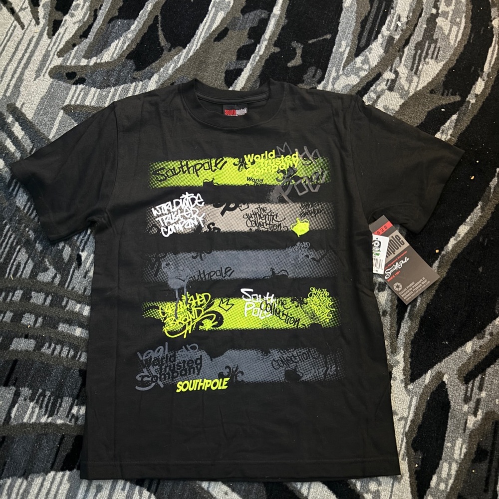South Pole Black Short Sleeve Tee with Neon Green Graphic Stripes